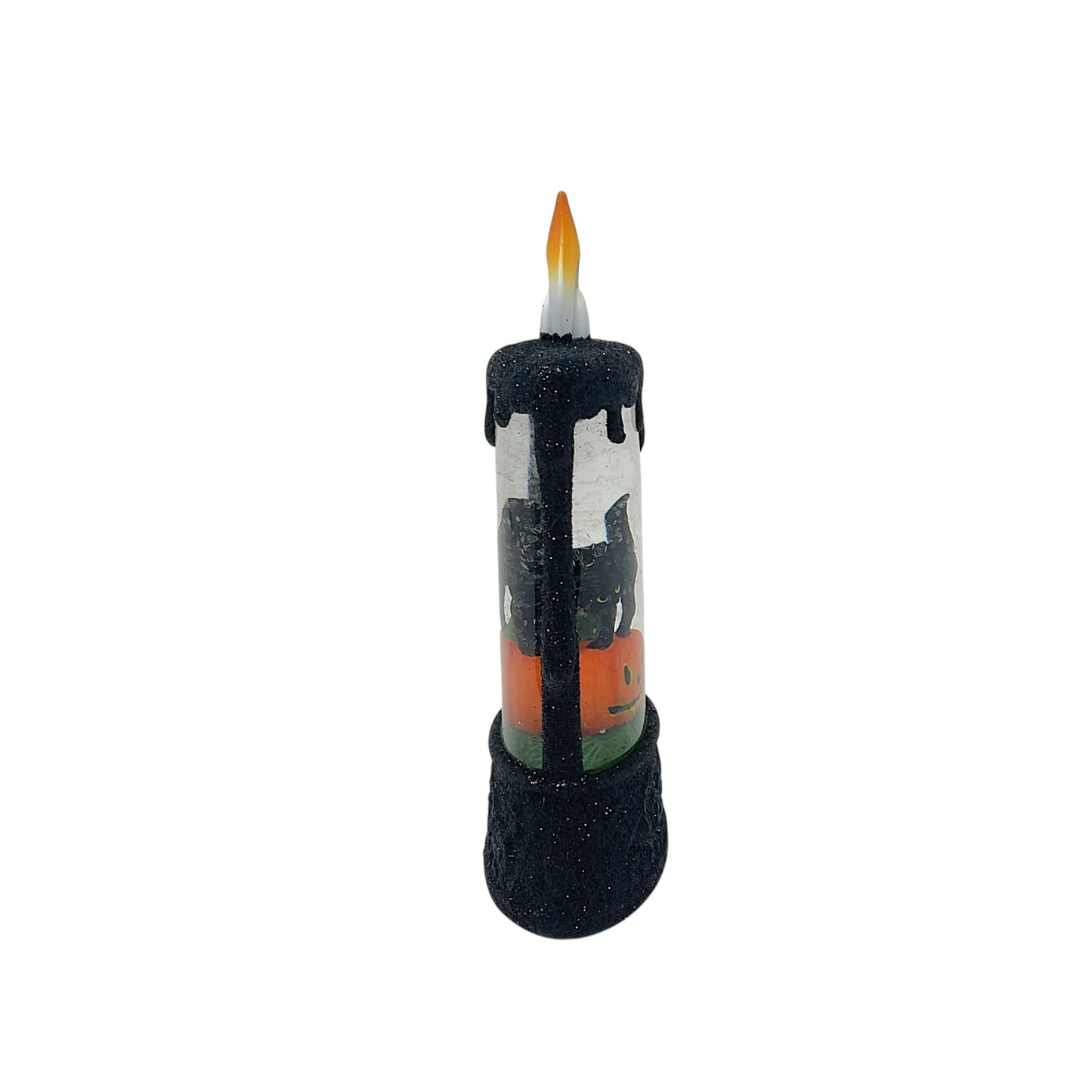 Roman Lighted Mini Candle with Halloween Black Cat and Pumpkin Snowdome 5.7 Inch