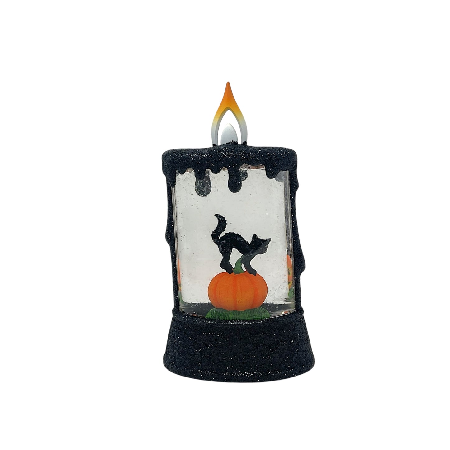 Roman Lighted Mini Candle with Halloween Black Cat and Pumpkin Snowdome 5.7 Inch