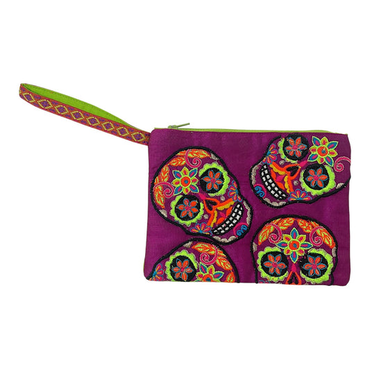Karma Living Day of the Dead Purple Sugar Skull Embroidered Coin Purse 5x7 Inch