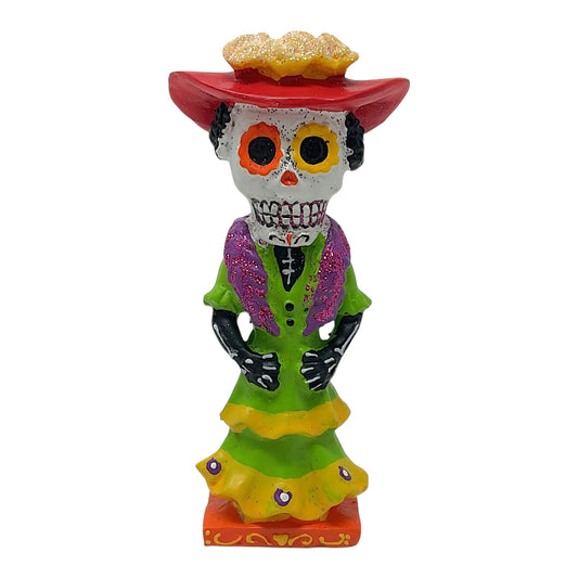 Female Skeleton Mariachi Band Dancer in Green Dress Day of the Dead Resin Figurine 4.75 Inch