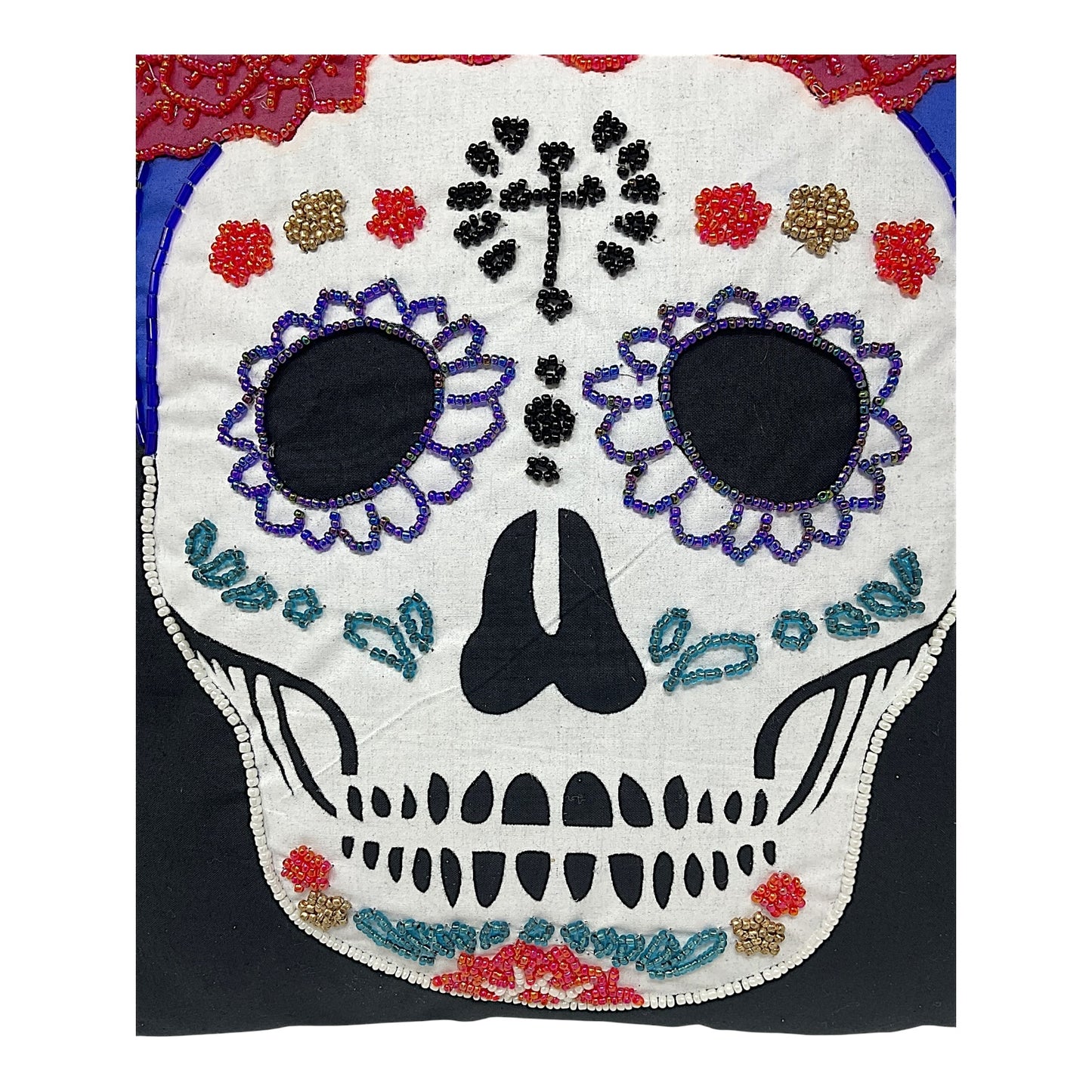 Day of the Dead Sugar Skull Calavera Cotton Beaded Throw Pillow 16 Inches