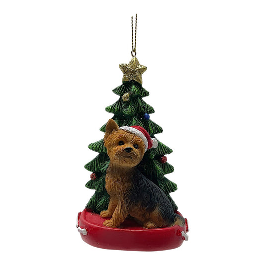 Kurt Adler Yorkshire Terrier Dog with Santa Hat and Christmas Tree Resin Ornament 4.25 inch