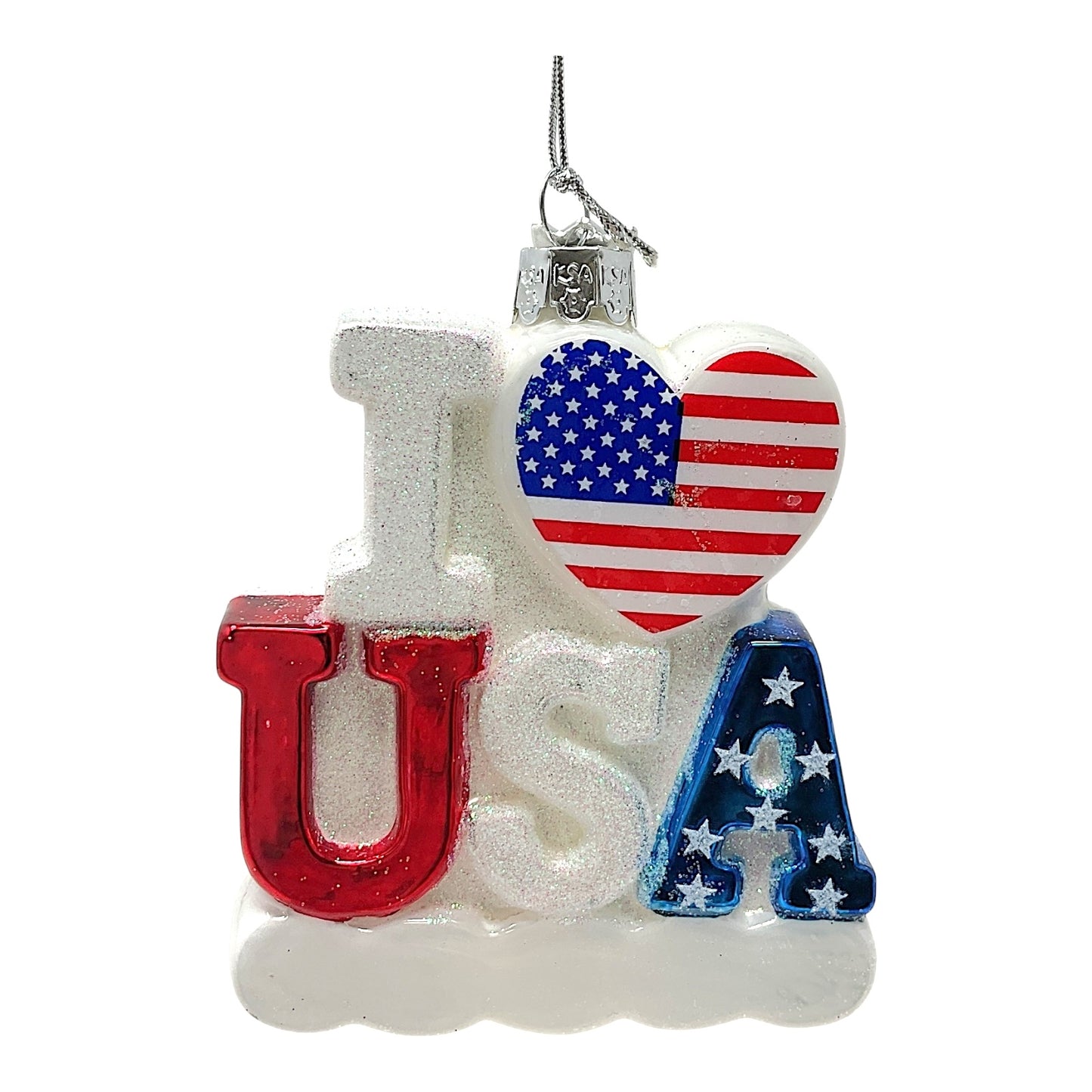 Kurt Adler Noble Gems I Love USA Patriotic Glass Christmas Tree Ornament 3.75 Inch