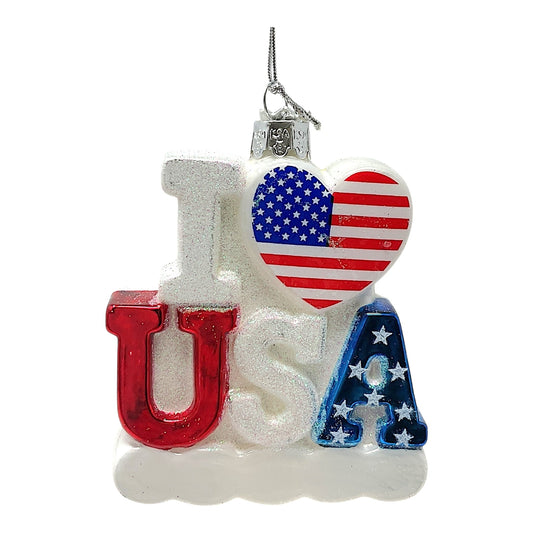 Kurt Adler Noble Gems I Love USA Patriotic Glass Christmas Tree Ornament 3.75 Inch