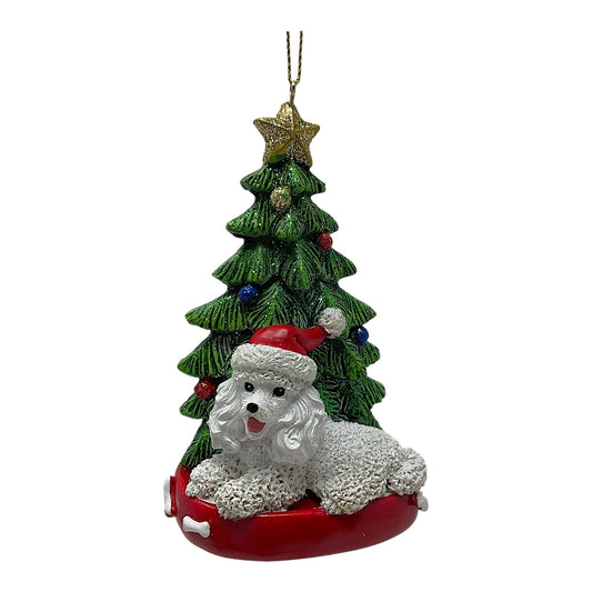 Kurt Adler White Poodle Dog Wearing Santa Hat with Christmas Tree Resin Ornament 4.25 inch
