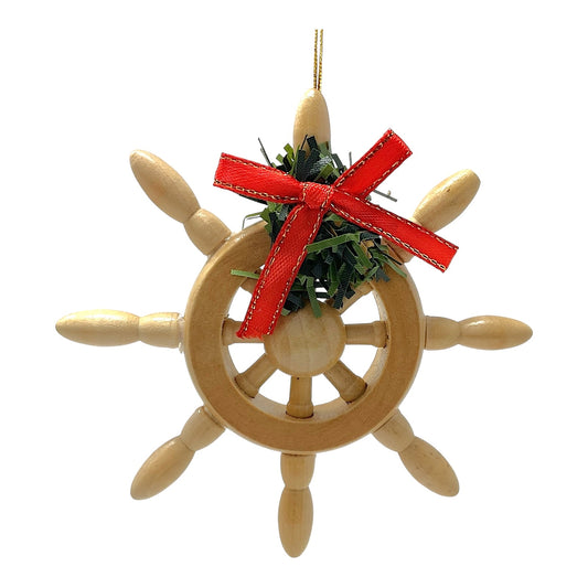 Beachcombers Ships Wheel with Red Ribbon and Wreath Nautical Wood Christmas Tree Ornament 4 inch