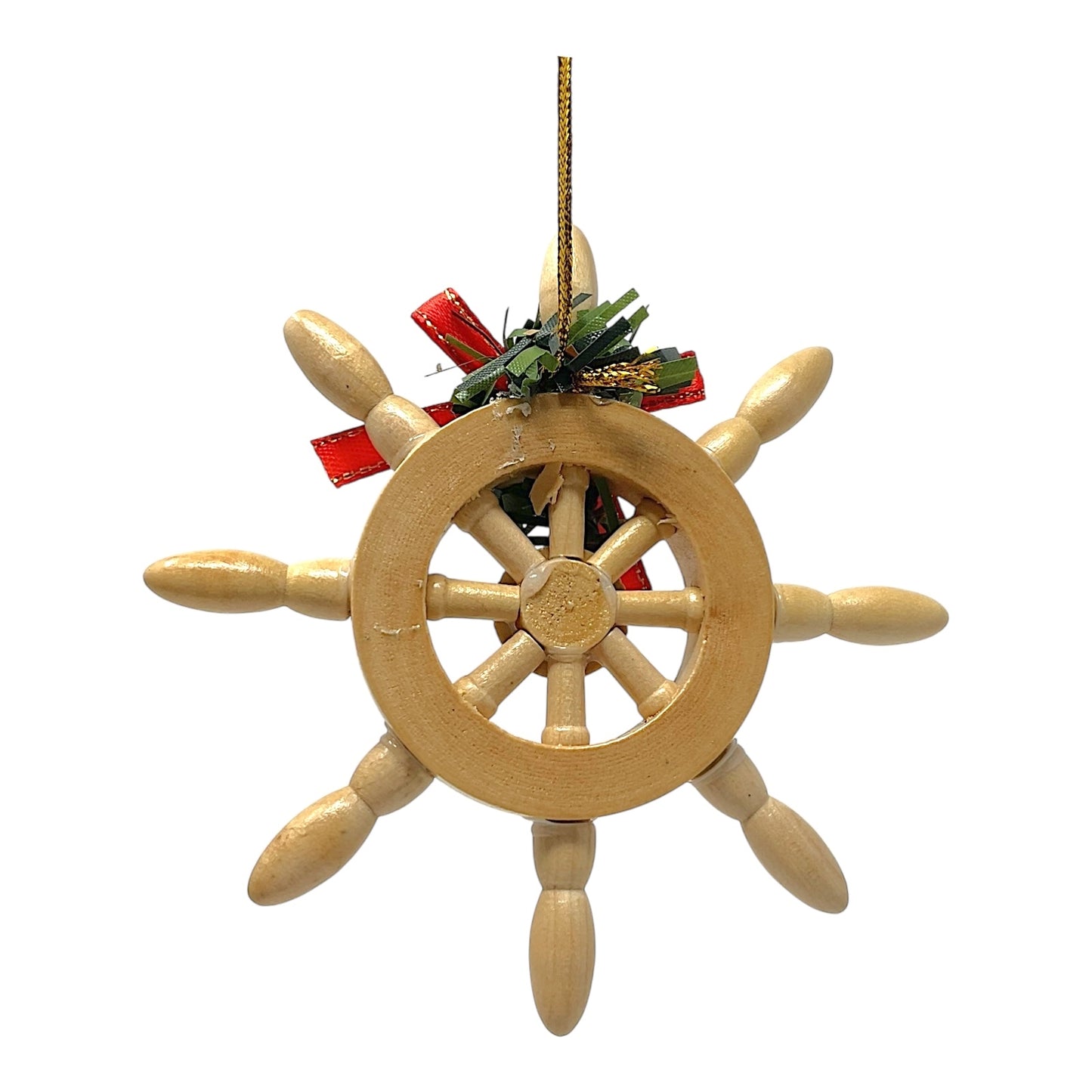 Beachcombers Ships Wheel with Red Ribbon and Wreath Nautical Wood Christmas Tree Ornament 4 inch