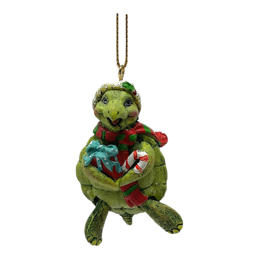 Beachcombers Turtle Holding Present and Candy Cane with Hinged Legs Resin Christmas Tree Ornament 3 inch