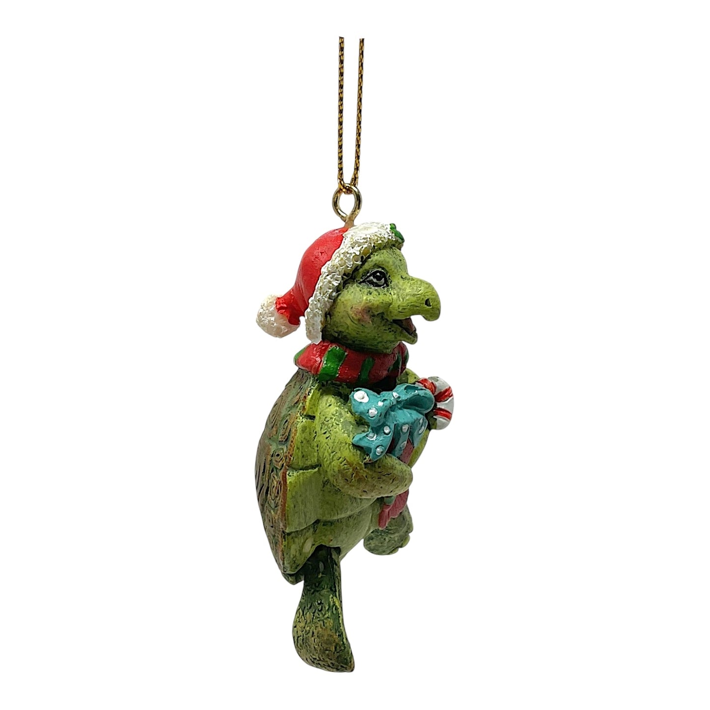 Beachcombers Turtle Holding Present and Candy Cane with Hinged Legs Resin Christmas Tree Ornament 3 inch