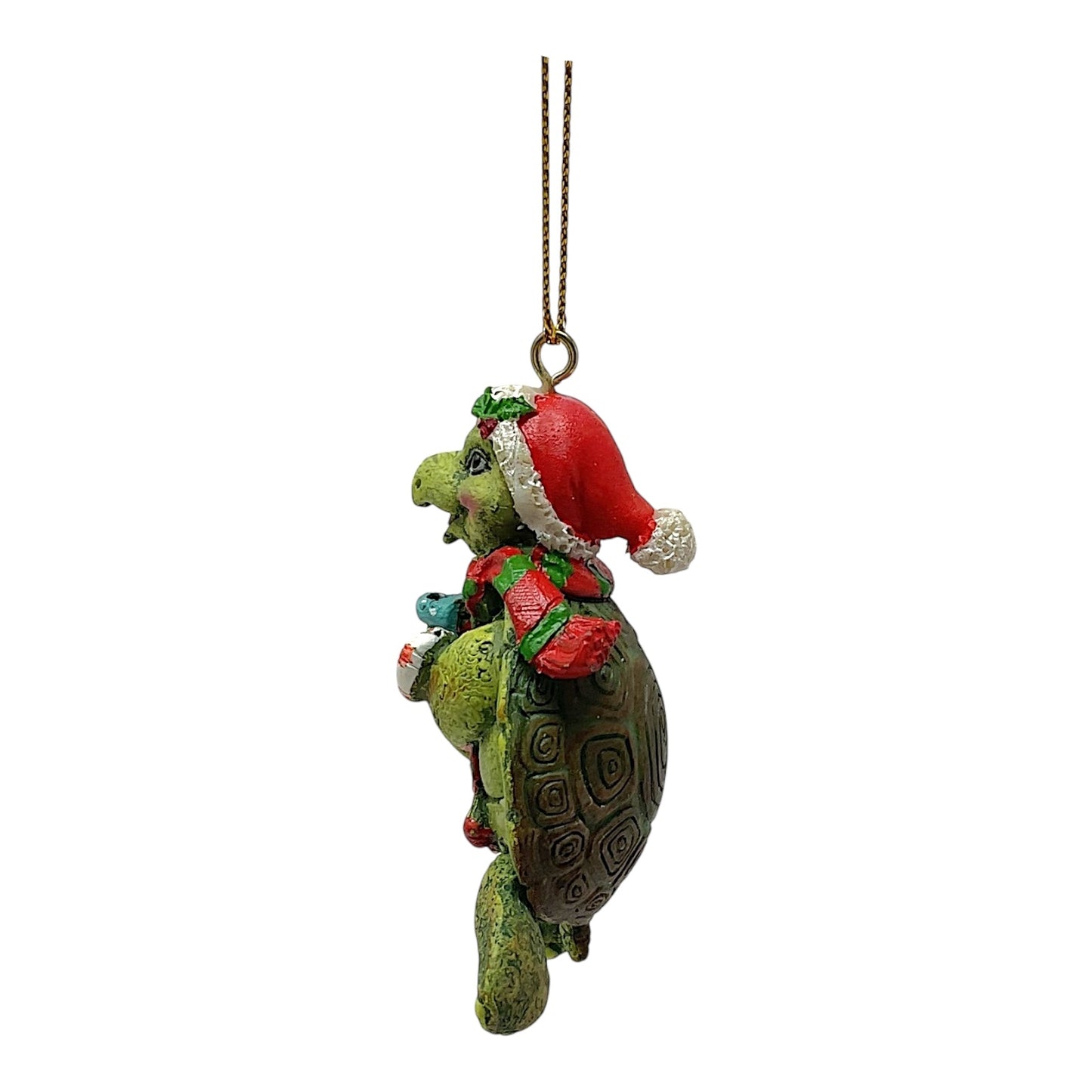 Beachcombers Turtle Holding Present and Candy Cane with Hinged Legs Resin Christmas Tree Ornament 3 inch