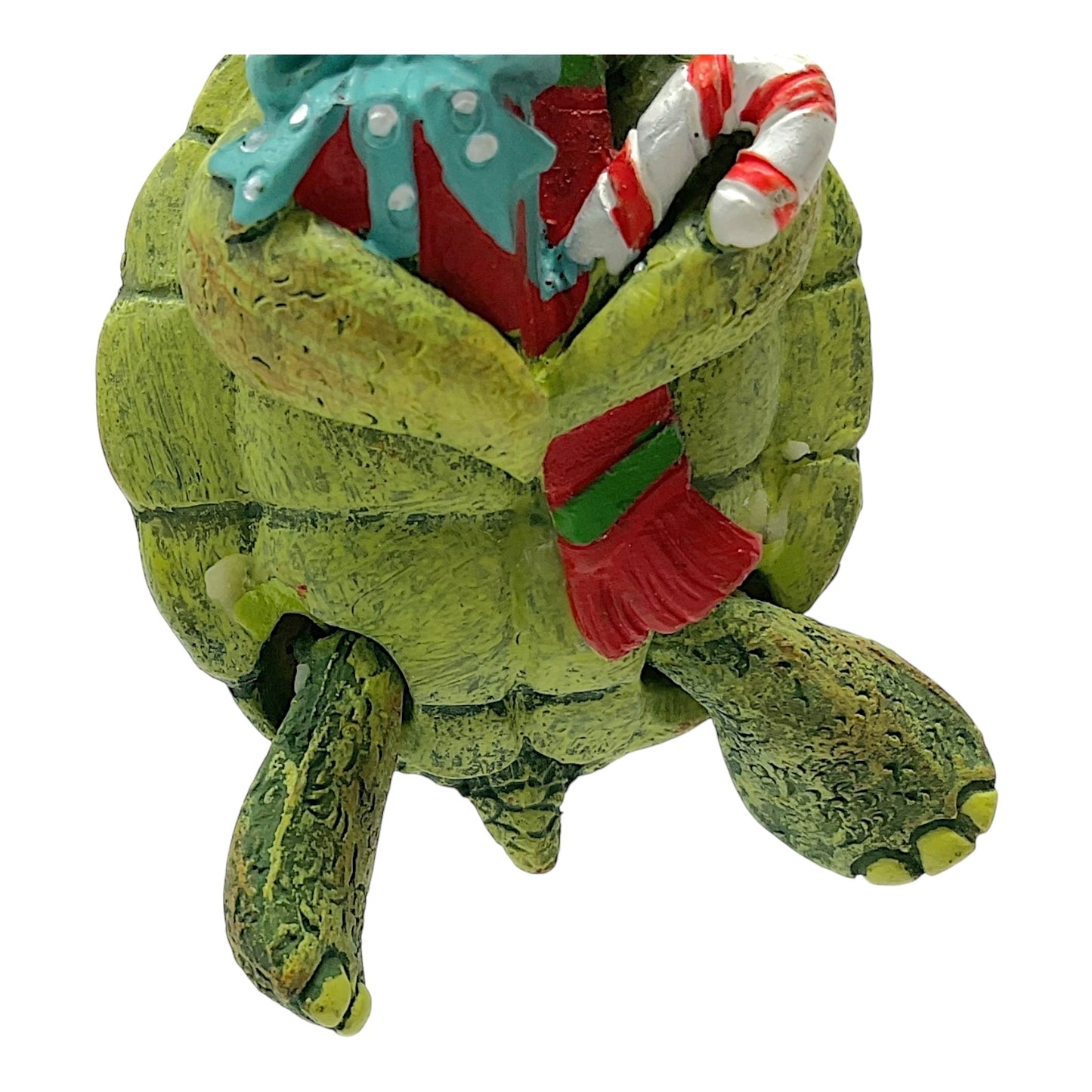 Beachcombers Turtle Holding Present and Candy Cane with Hinged Legs Resin Christmas Tree Ornament 3 inch