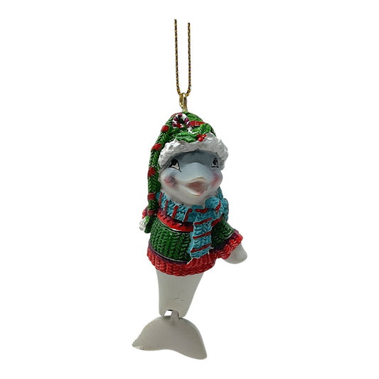 Beachcombers Dolphin in Festive Sweater and Hat with Hinged Tail Resin Christmas Tree Ornament 3 inch