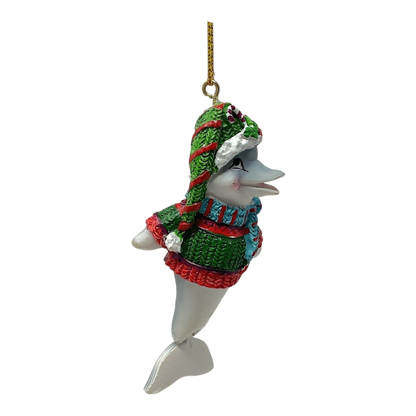 Beachcombers Dolphin in Festive Sweater and Hat with Hinged Tail Resin Christmas Tree Ornament 3 inch