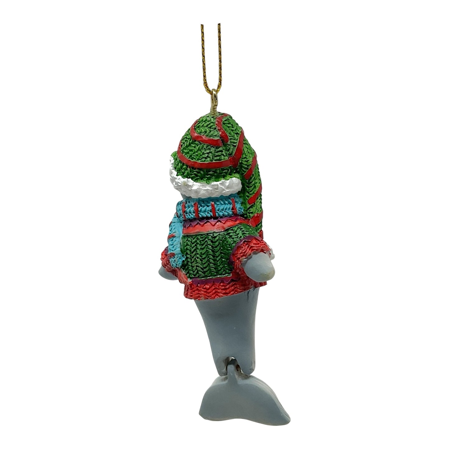 Beachcombers Dolphin in Festive Sweater and Hat with Hinged Tail Resin Christmas Tree Ornament 3 inch