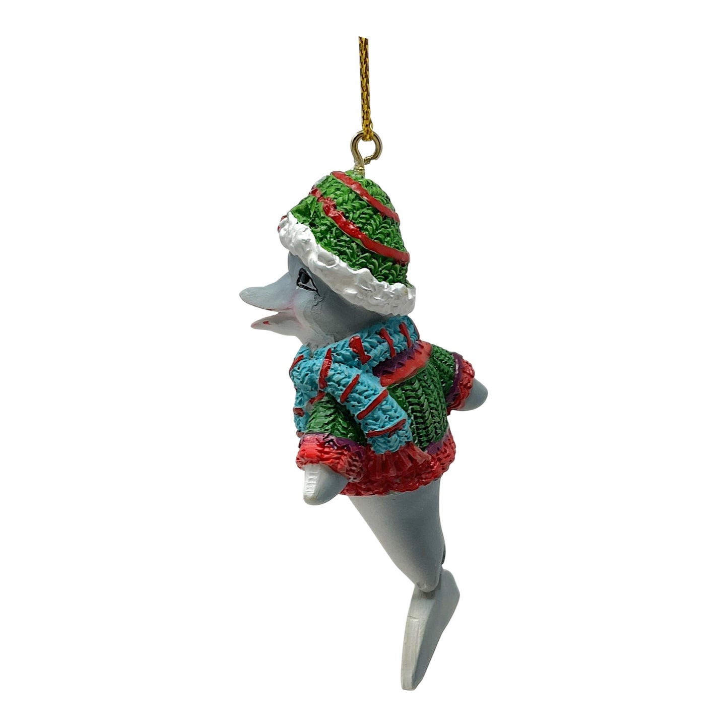 Beachcombers Dolphin in Festive Sweater and Hat with Hinged Tail Resin Christmas Tree Ornament 3 inch