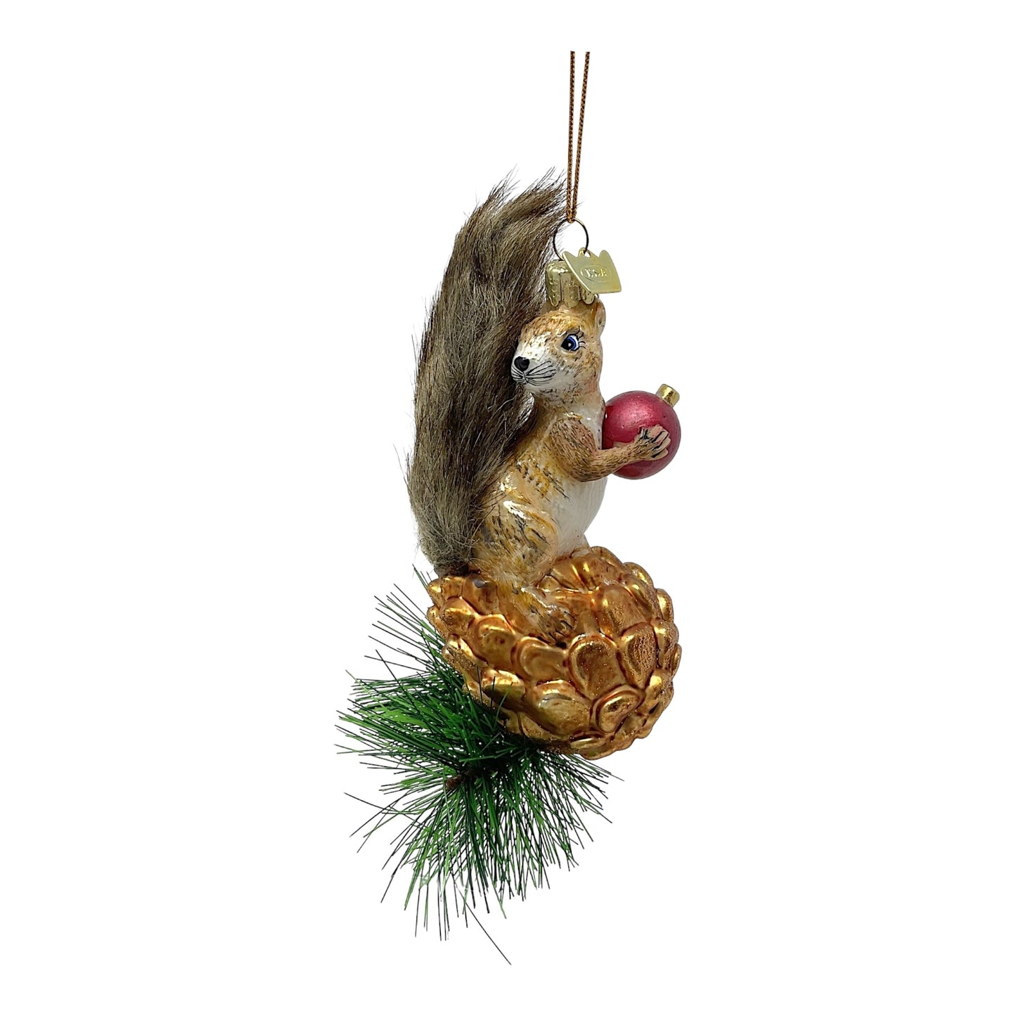 Kurt Adler Noble Gems Brown Squirrel on Pinecone Glass Christmas Tree Ornaments 6 inch