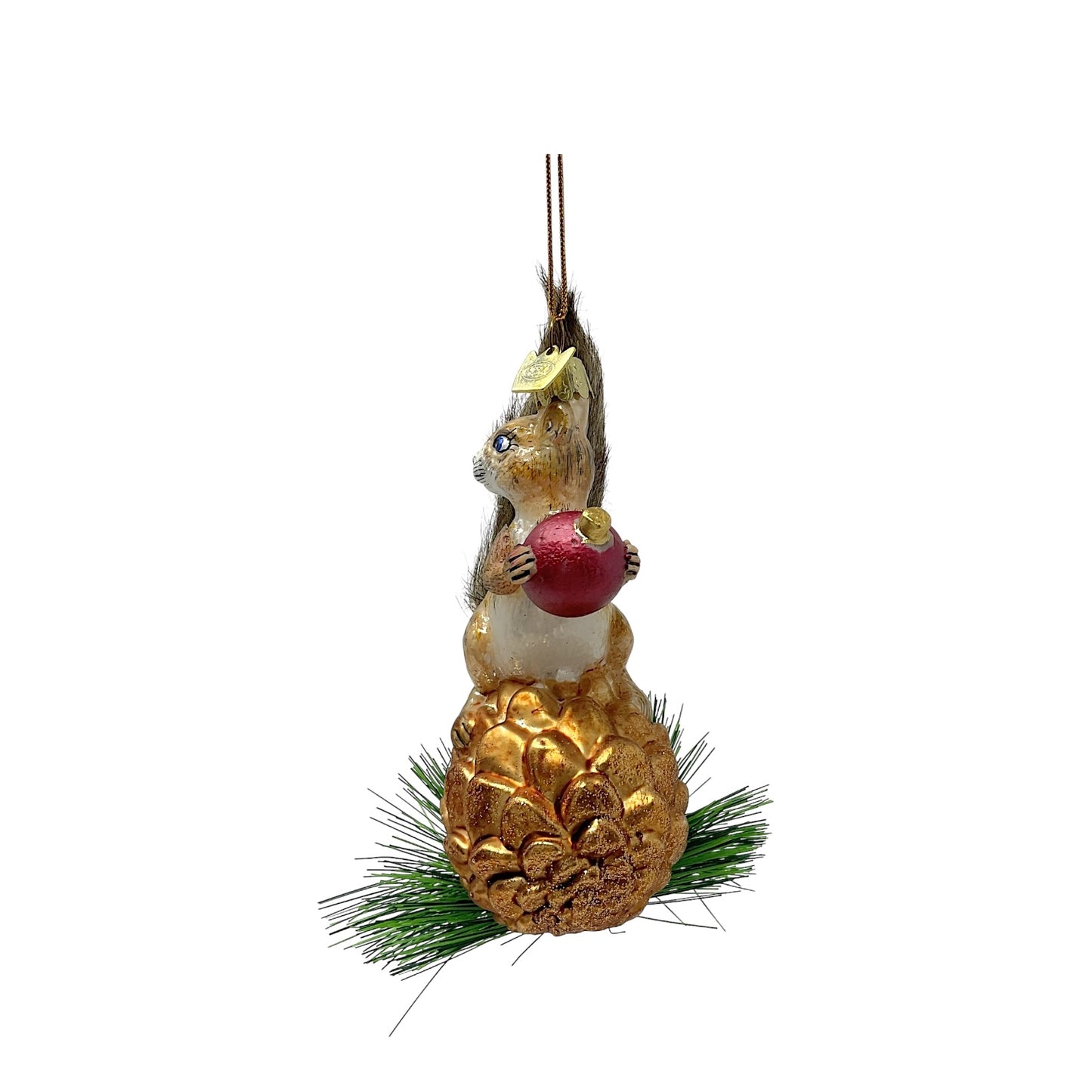 Kurt Adler Noble Gems Brown Squirrel on Pinecone Glass Christmas Tree Ornaments 6 inch