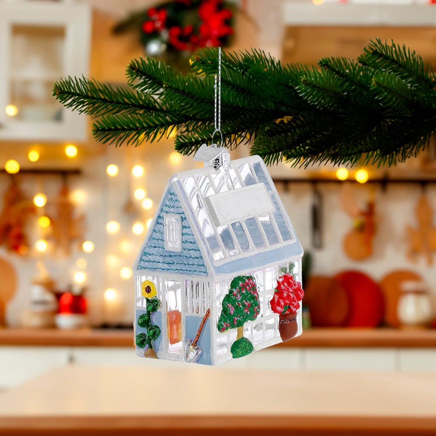 Kurt Adler Noble Gems Greenhouse with Plants and Flowers Glass Christmas Tree Ornament 3.25 inch
