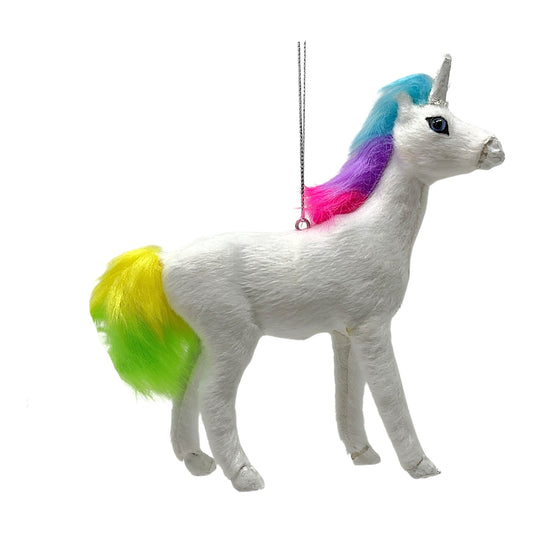 Kurt Adler Furry Unicorn with Multi Color Mane and Tail Christmas Tree Ornament 5.5 inch