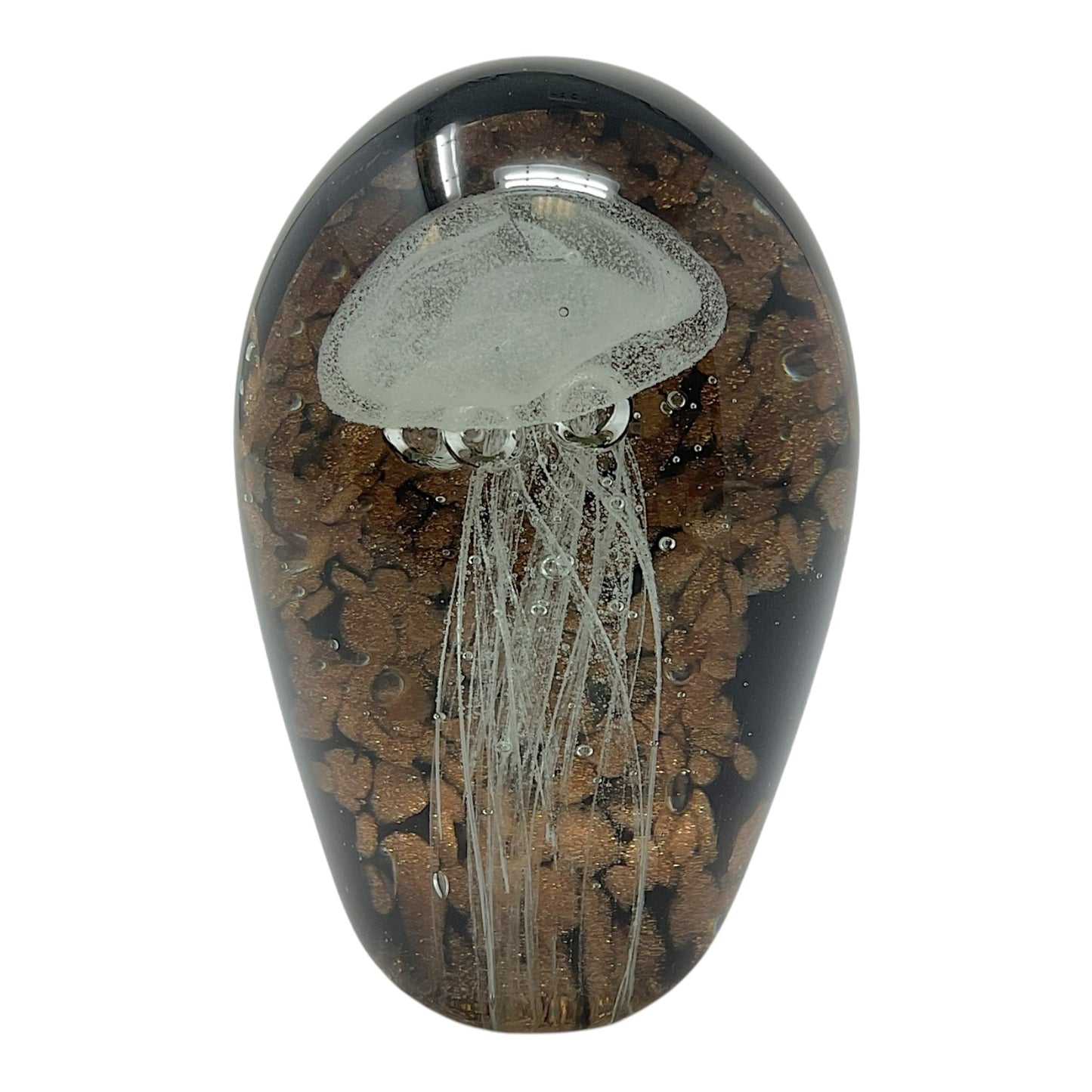 White Jellyfish with Copper and Black Background Back Glow in the Dark Glass Paperweight Decoration 4.5 inch