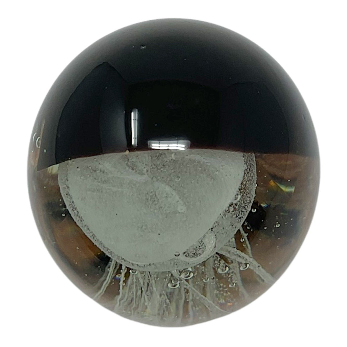 White Jellyfish with Copper and Black Background Back Glow in the Dark Glass Paperweight Decoration 4.5 inch