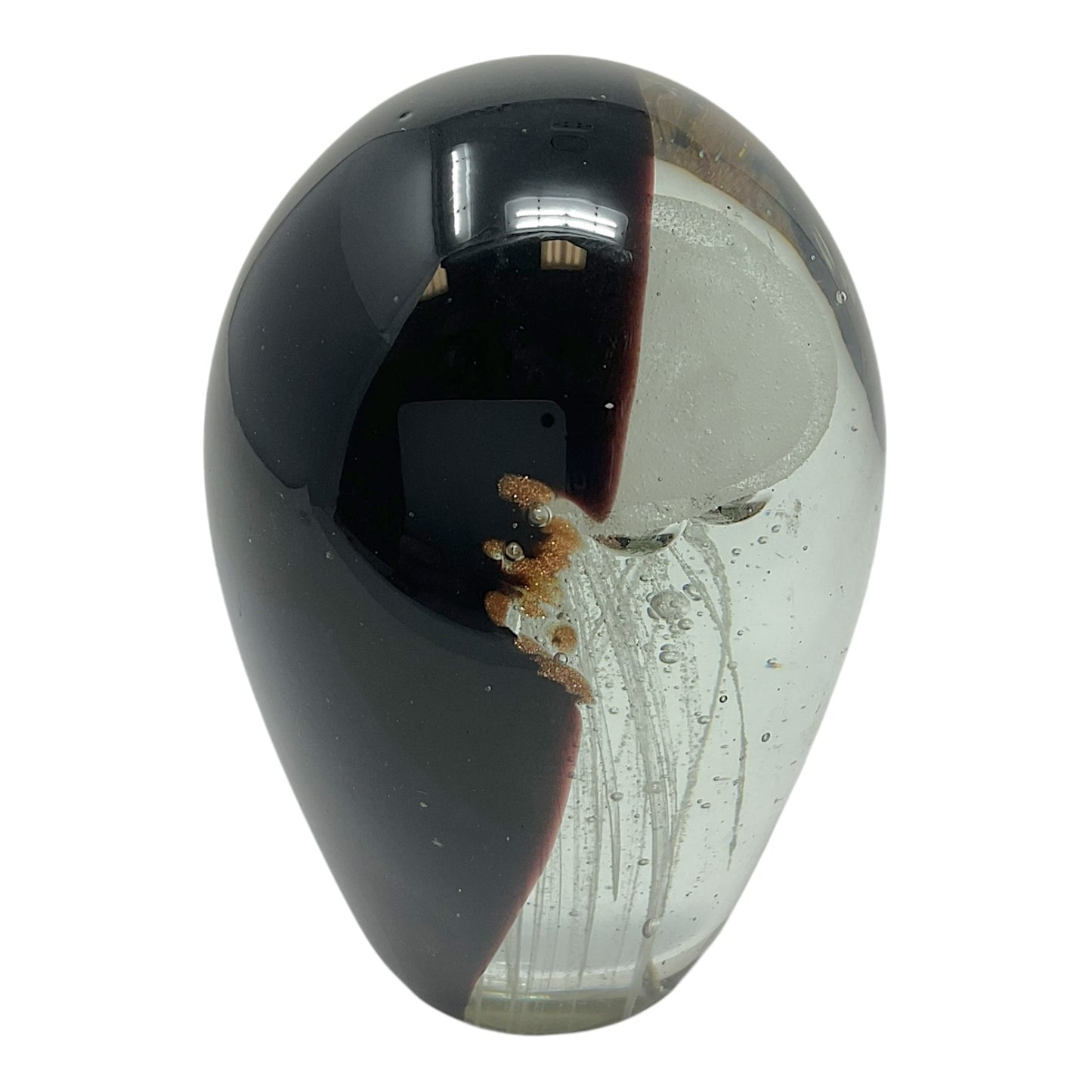White Jellyfish with Copper and Black Background Back Glow in the Dark Glass Paperweight Decoration 4.5 inch