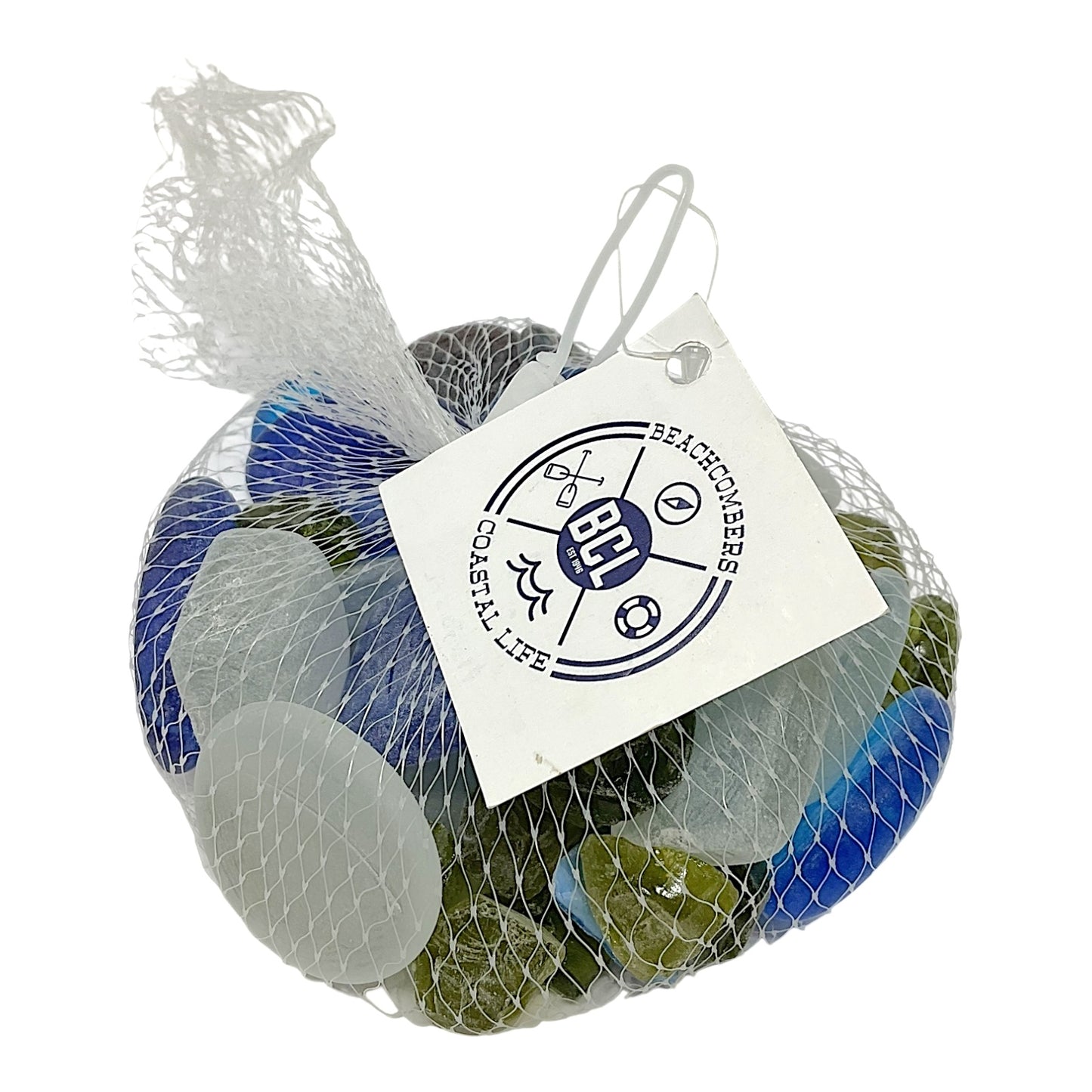 Beachcombers Bag of Imitation Frosted Sea Glass Blue Green White Coastal Tropical Beach Decoration