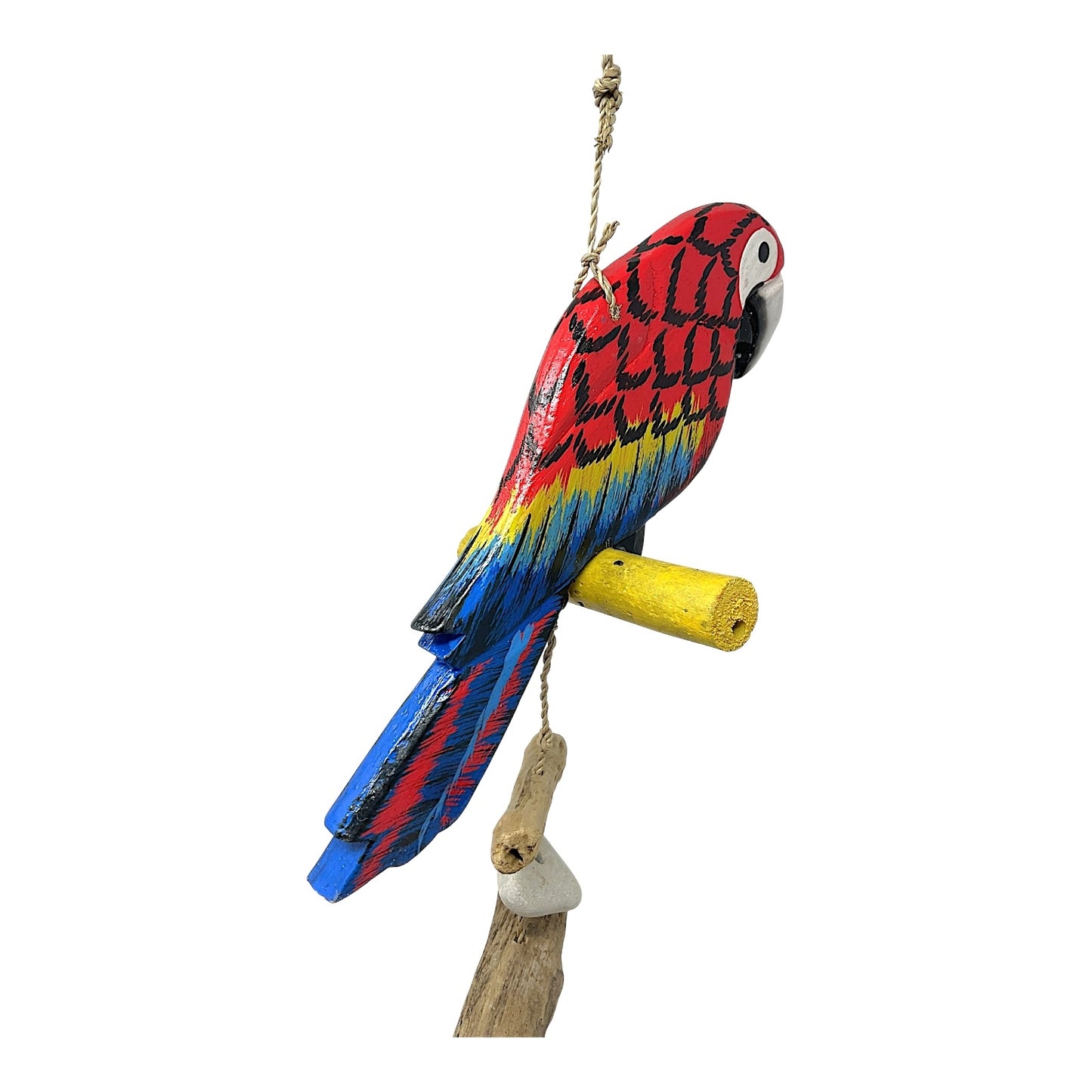 Beachcombers Scarlet Macaw Parrot with Hibiscus Flowers Strand With Driftwood and Stone Mobile 32 inch