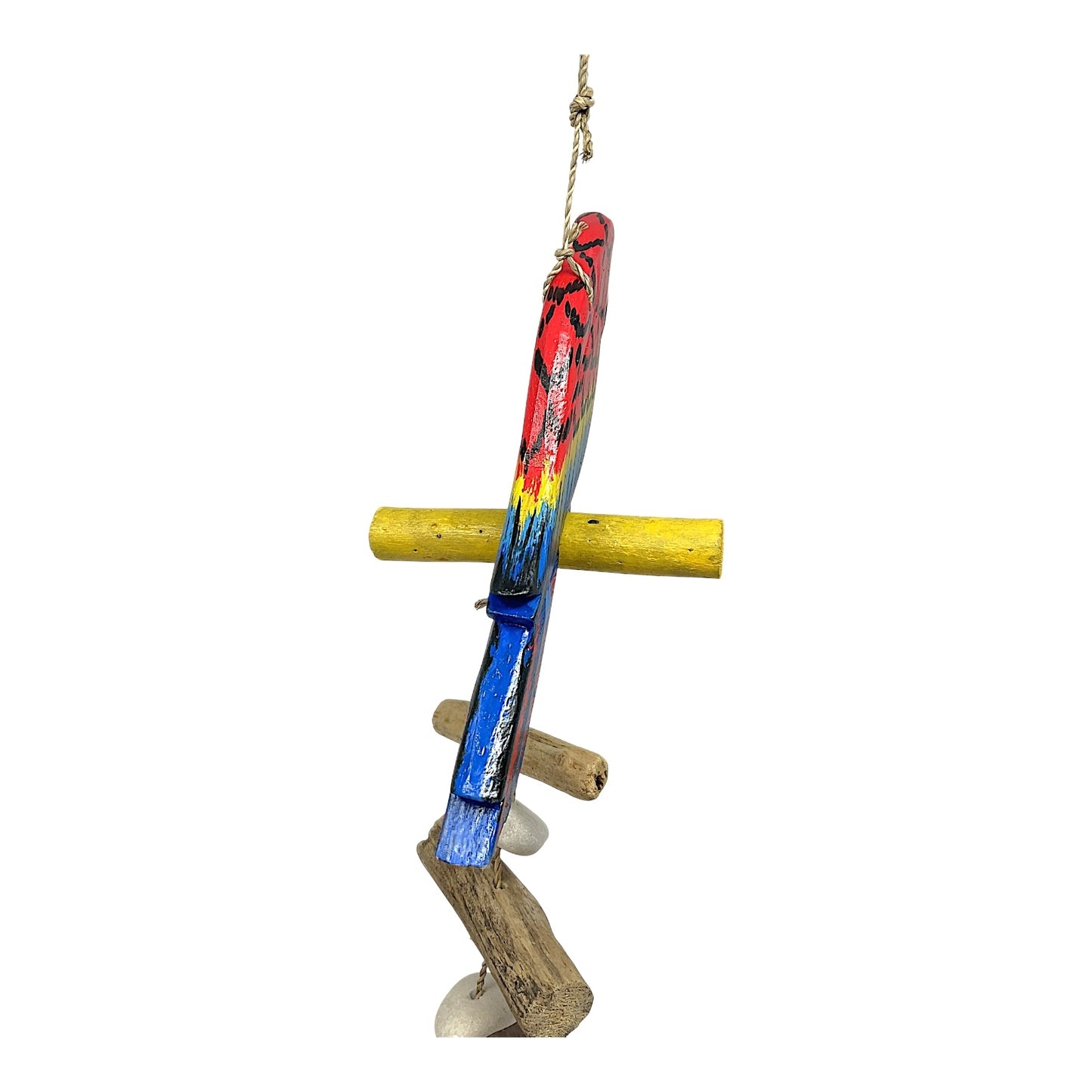 Beachcombers Scarlet Macaw Parrot with Hibiscus Flowers Strand With Driftwood and Stone Mobile 32 inch