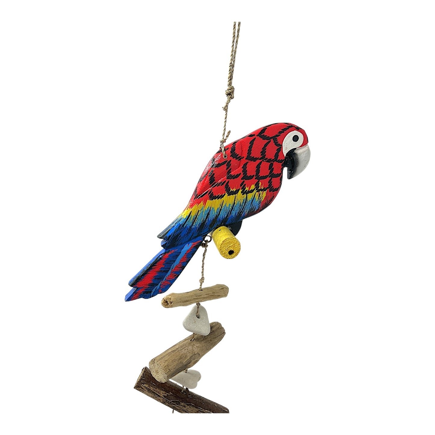 Beachcombers Scarlet Macaw Parrot with Hibiscus Flowers Strand With Driftwood and Stone Mobile 32 inch