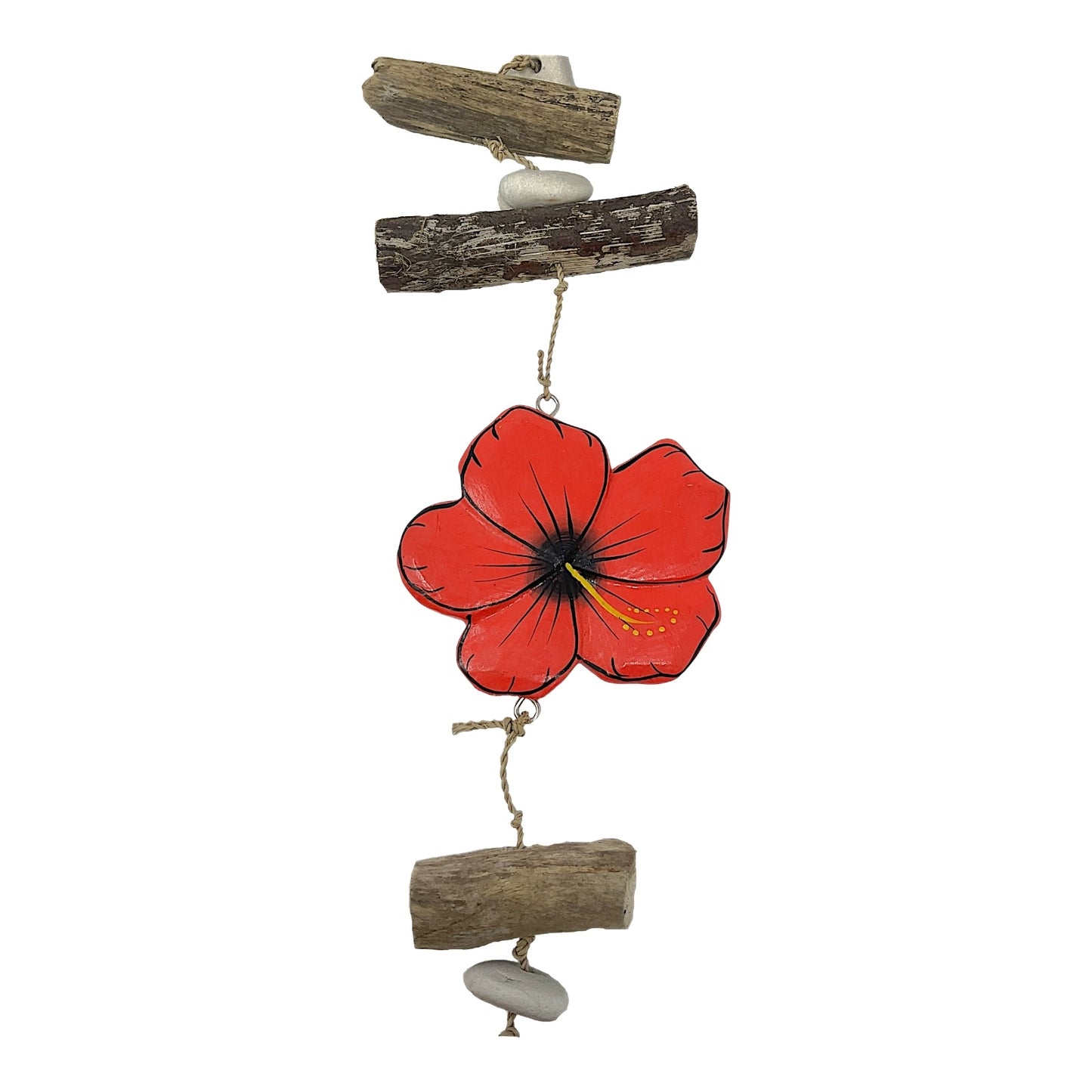 Beachcombers Scarlet Macaw Parrot with Hibiscus Flowers Strand With Driftwood and Stone Mobile 32 inch