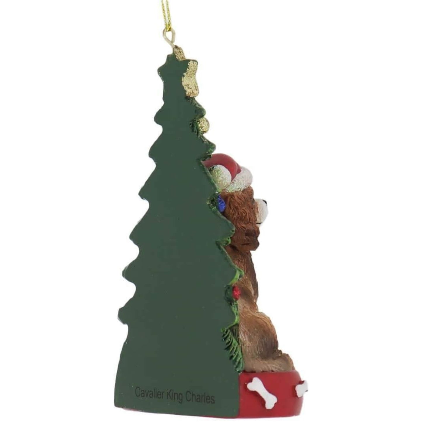 Kurt Adler Cavalier King Charles Dog Next to Christmas Tree Wearing Santa Hat Resin Ornament 4.25 inch