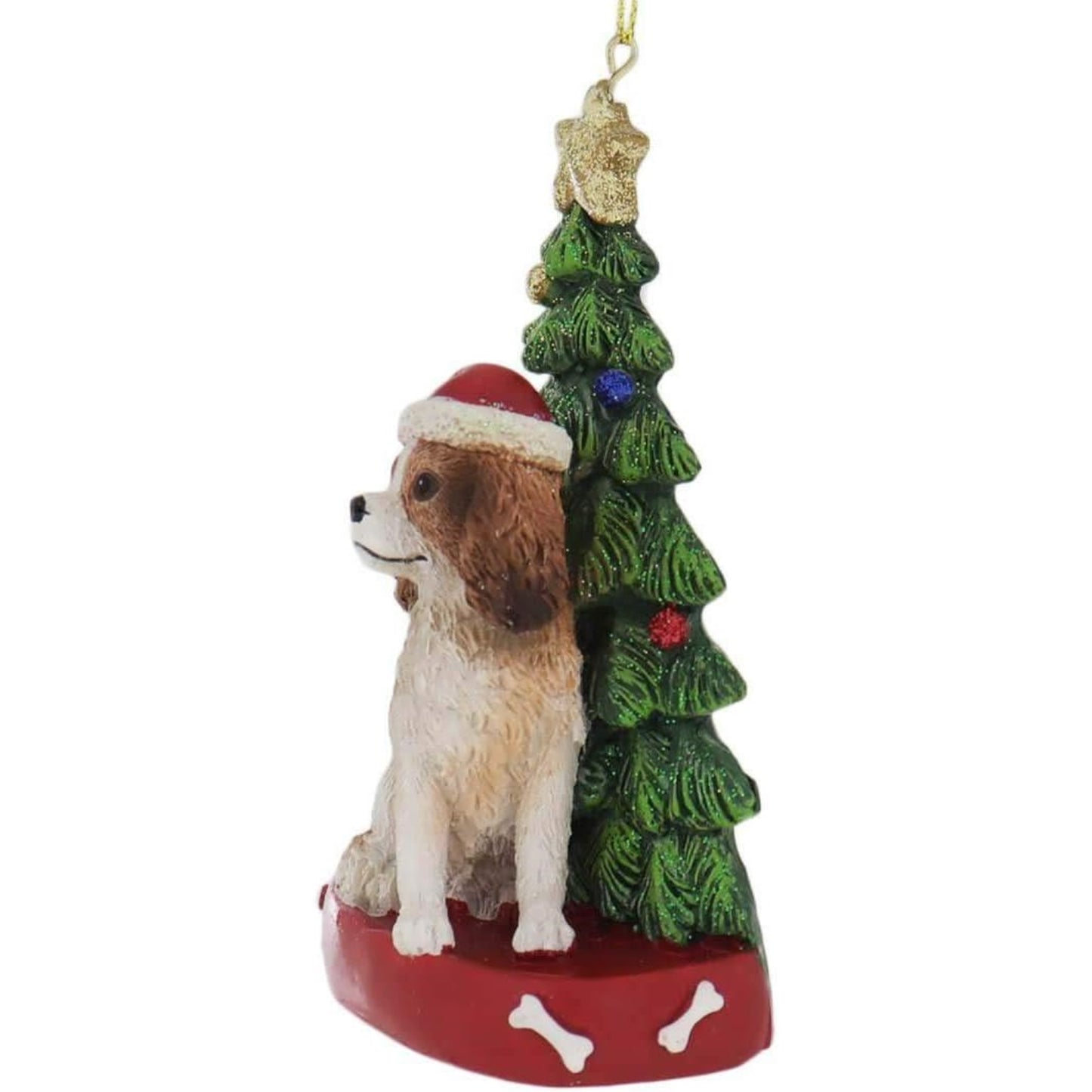 Kurt Adler Cavalier King Charles Dog Next to Christmas Tree Wearing Santa Hat Resin Ornament 4.25 inch