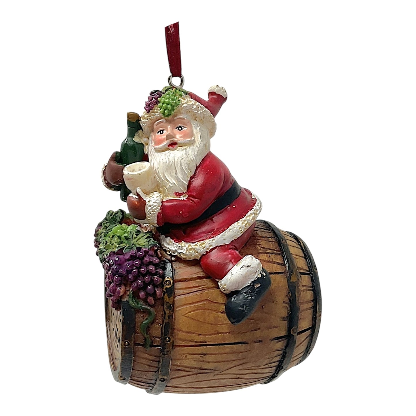 Kurt Adler Wine Lover Santa Claus Sitting on Wine Barrel Resin Christmas Tree Ornament 3.75 incch