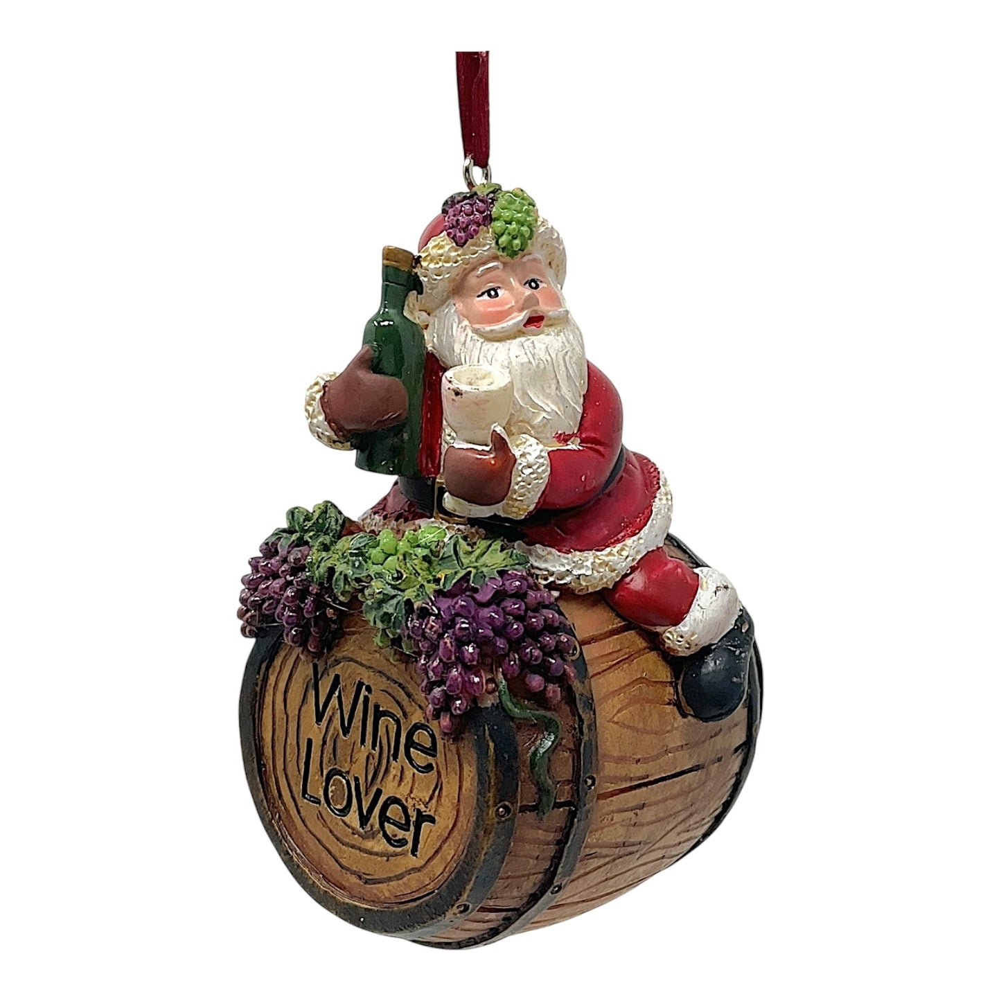 Kurt Adler Wine Lover Santa Claus Sitting on Wine Barrel Resin Christmas Tree Ornament 3.75 incch