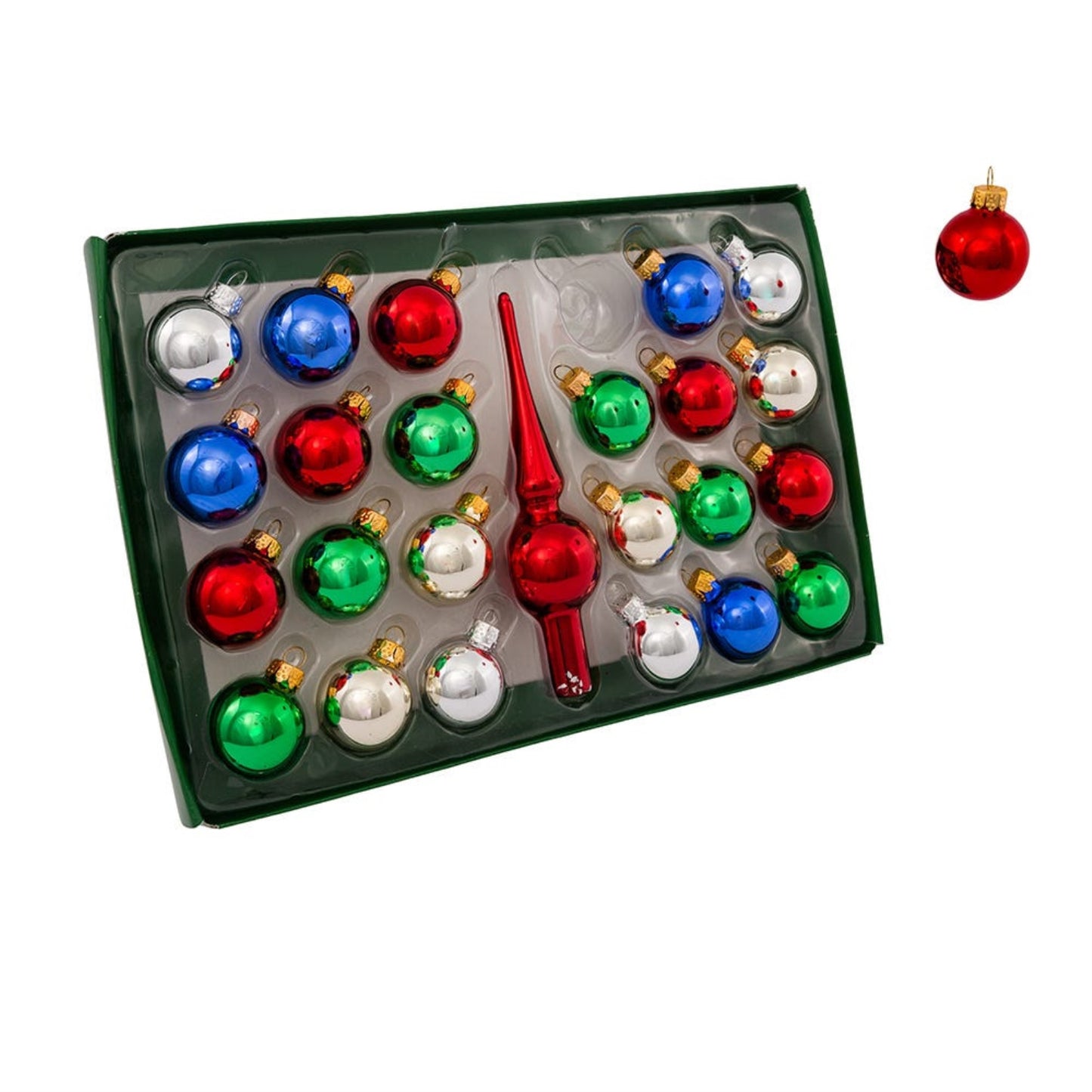 Kurt Adler 30MM Multi Colored Glass Ball Ornaments and Treetop Set 25 Piece Box Set