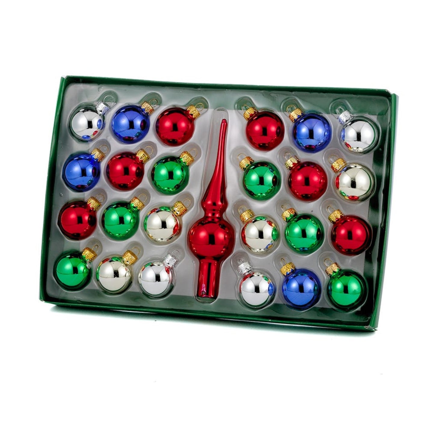 Kurt Adler 30MM Multi Colored Glass Ball Ornaments and Treetop Set 25 Piece Box Set