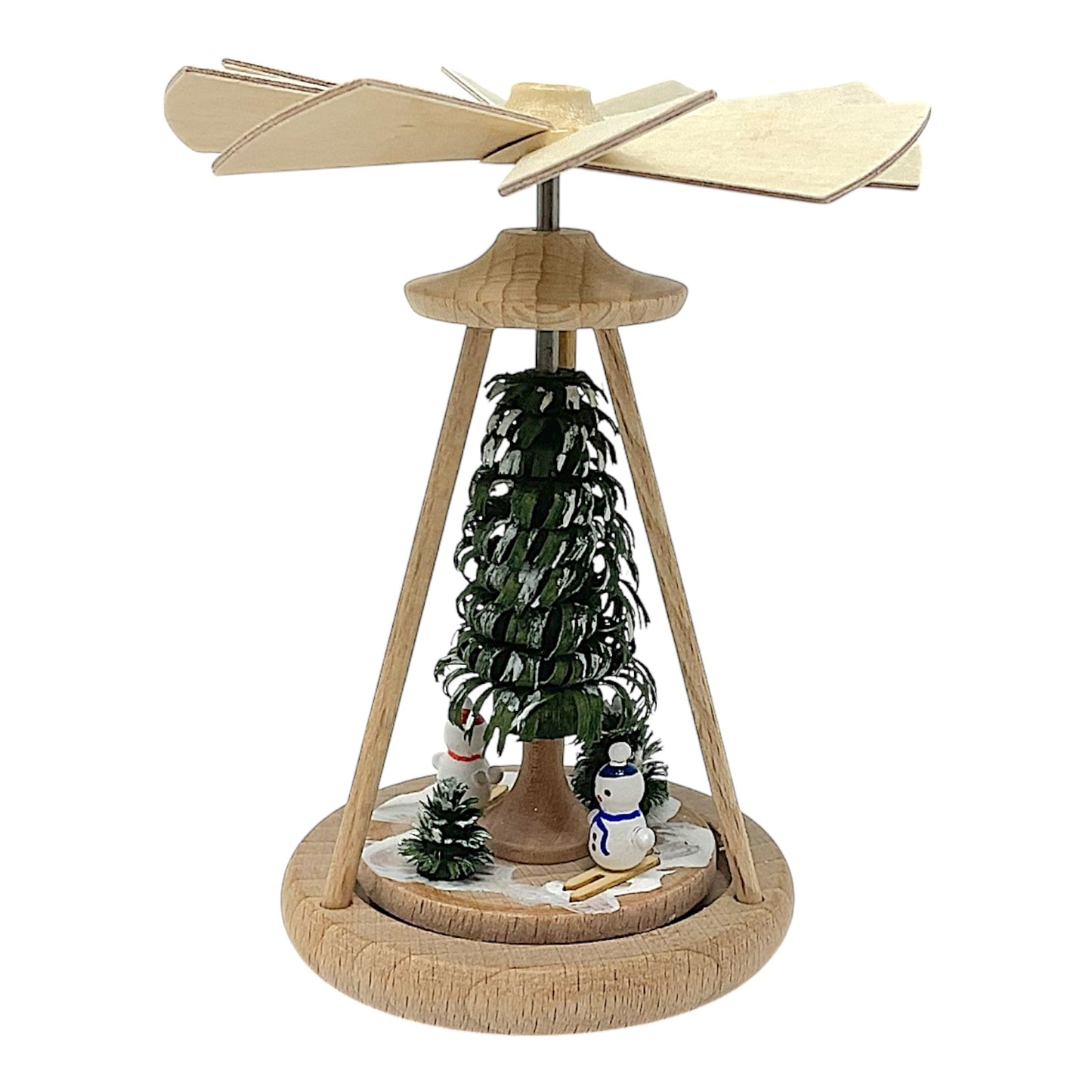 Pinnacle Peak Trading German Wood Mini Pyramid with Skiing Snowmen 3.9 inch Natural Color