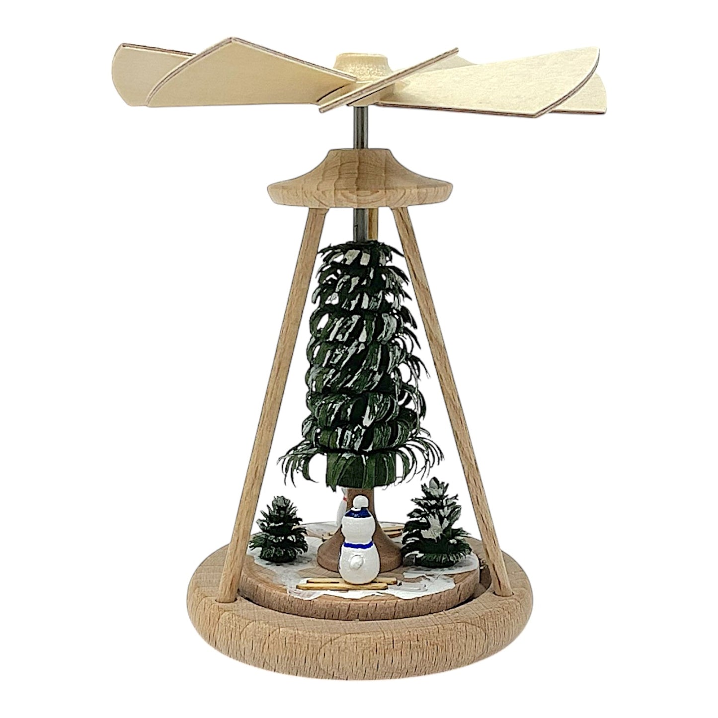 Pinnacle Peak Trading German Wood Mini Pyramid with Skiing Snowmen 3.9 inch Natural Color
