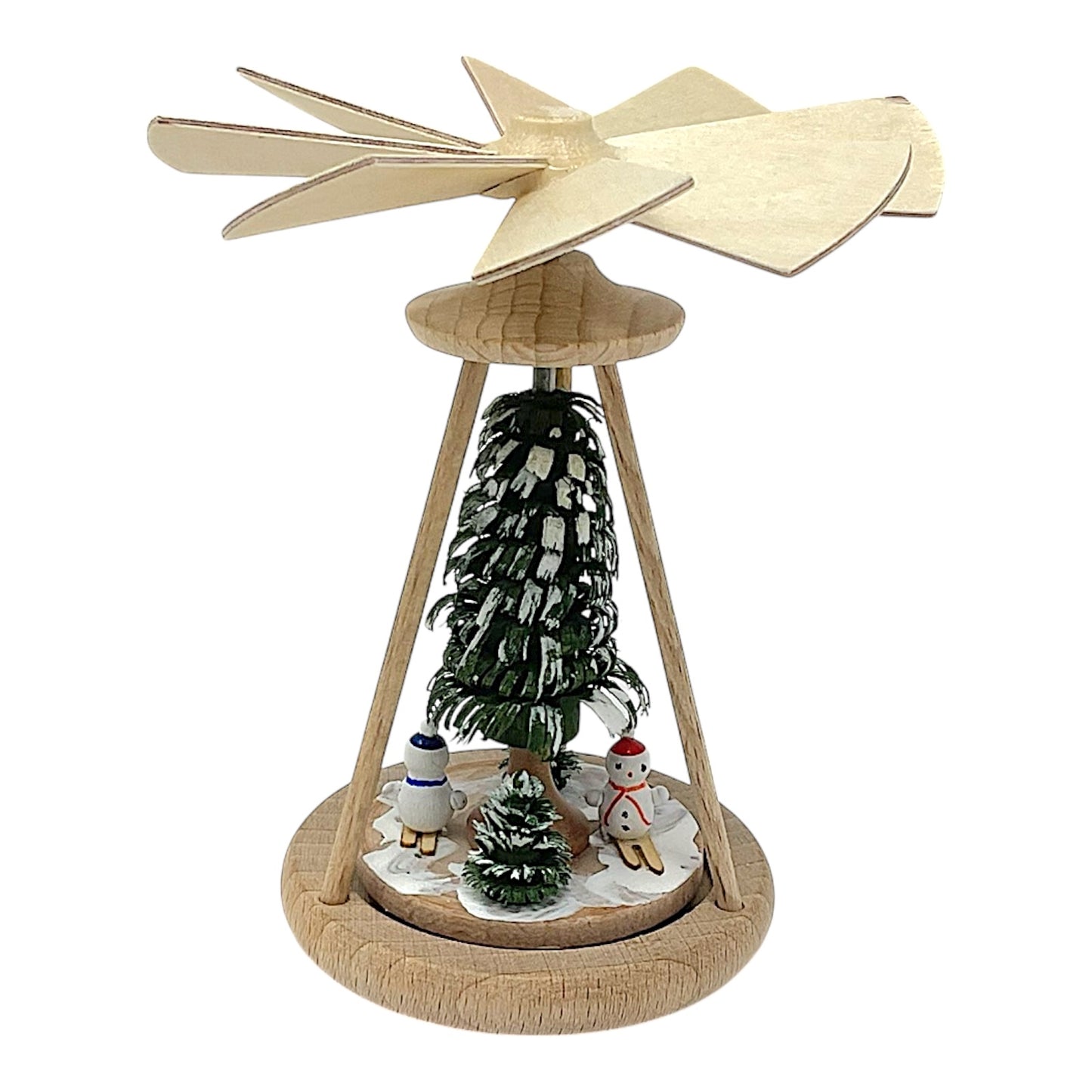 Pinnacle Peak Trading German Wood Mini Pyramid with Skiing Snowmen 3.9 inch Natural Color