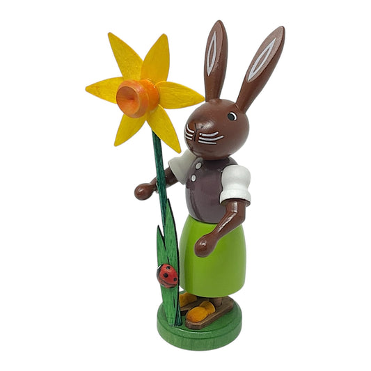 Pinnacle Peak Trading Easter Bunny Rabbit with Daffodil Flower German Wood Figurine 3.75 inch