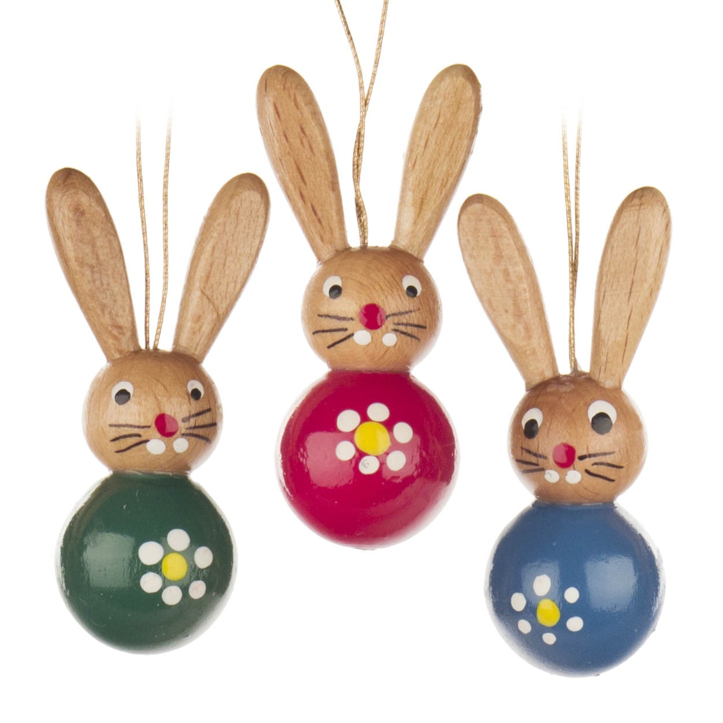 Pinnacle Peak Trading Red Blue Green Easter Bunny Rabbit Set of 3 German Wood Ornaments 2 inch