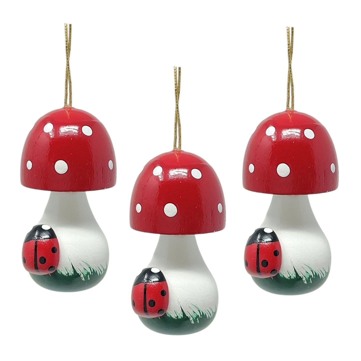 Pinnacle Peak Trading Red Mushroom with Ladybug Set of 3 German Wood Christmas Ornaments 2 inch