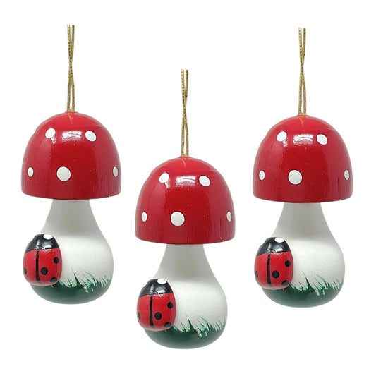 Pinnacle Peak Trading Red Mushroom with Ladybug Set of 3 German Wood Christmas Ornaments 2 inch