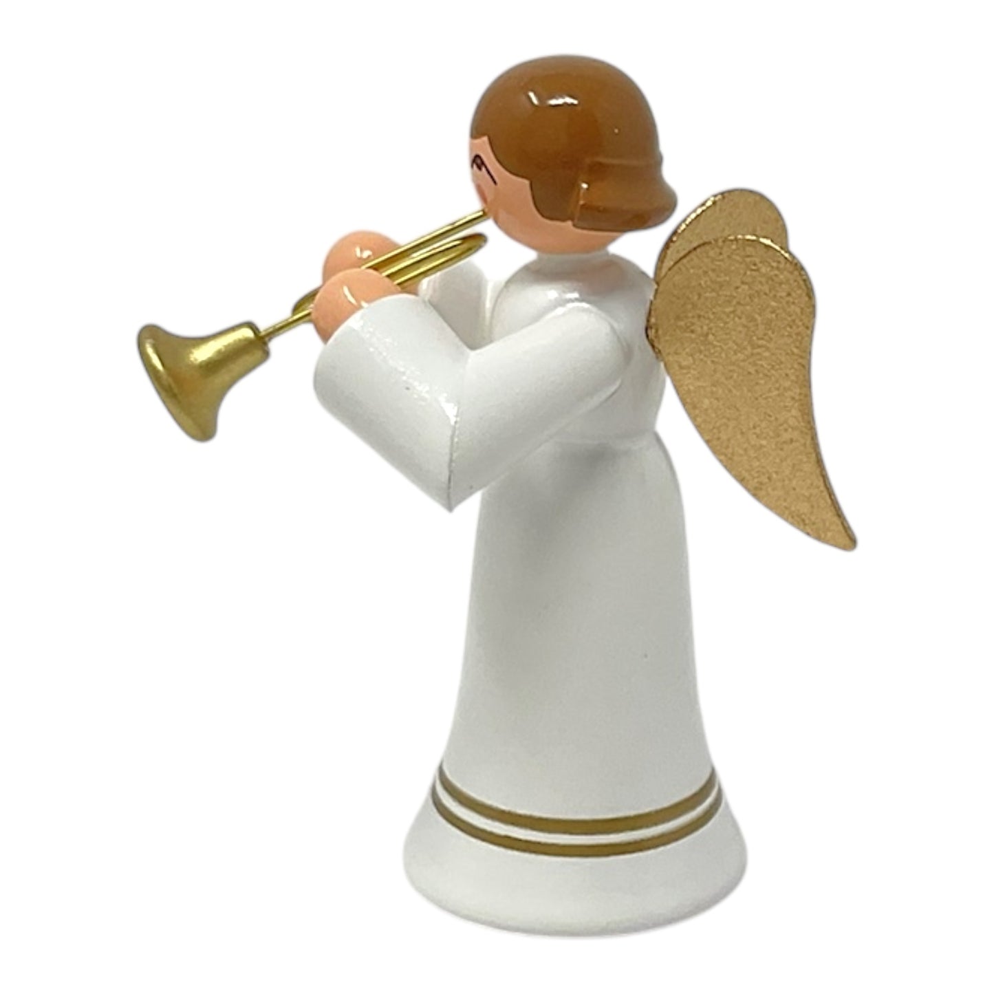 Pinnacle Peak Trading Angel in White with Gold Wings Playing the Trumpet German Wood Figurine 2.25 inch