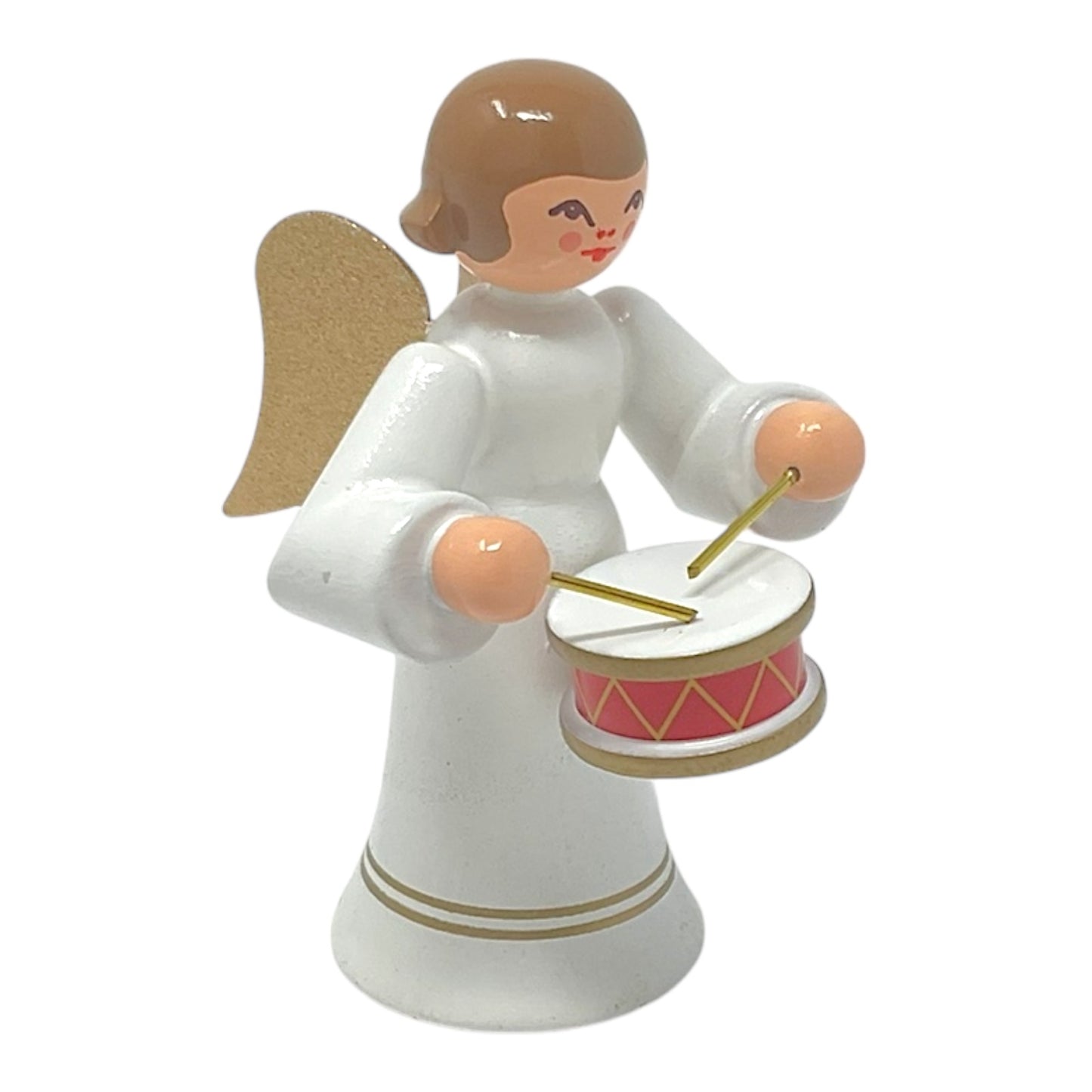 Pinnacle Peak Trading Angel in White with Gold Wings Playing the Drums German Wood Figurine 2.25 inch
