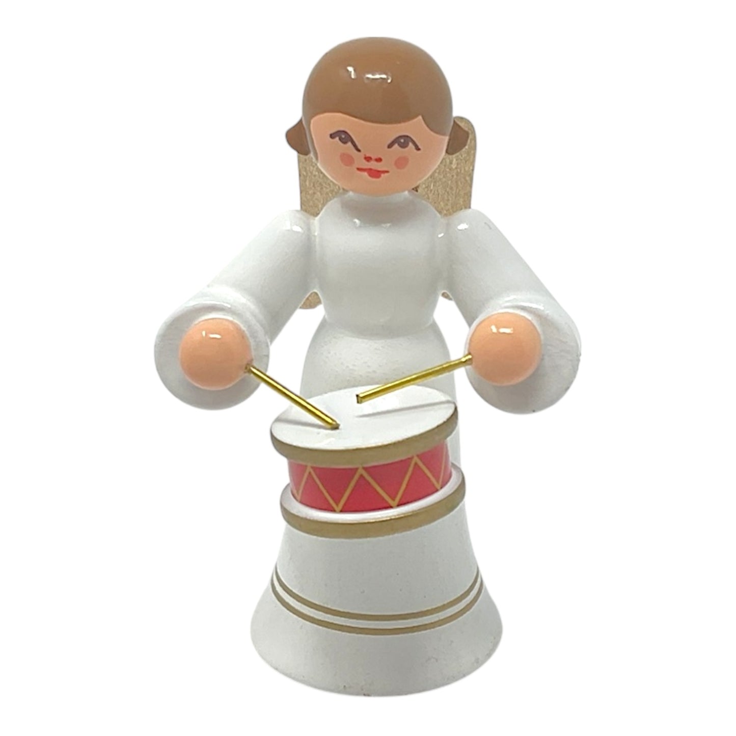 Pinnacle Peak Trading Angel in White with Gold Wings Playing the Drums German Wood Figurine 2.25 inch
