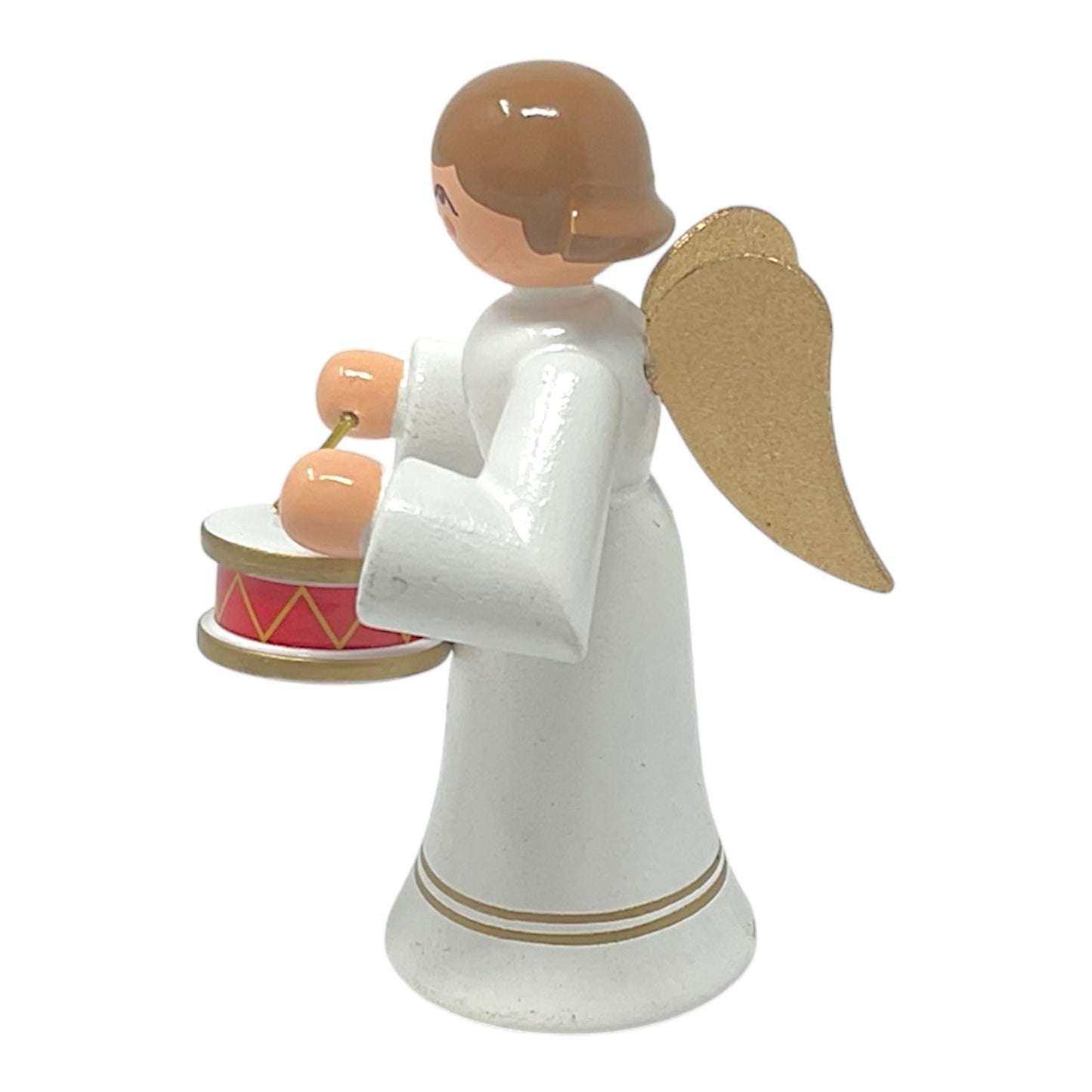 Pinnacle Peak Trading Angel in White with Gold Wings Playing the Drums German Wood Figurine 2.25 inch