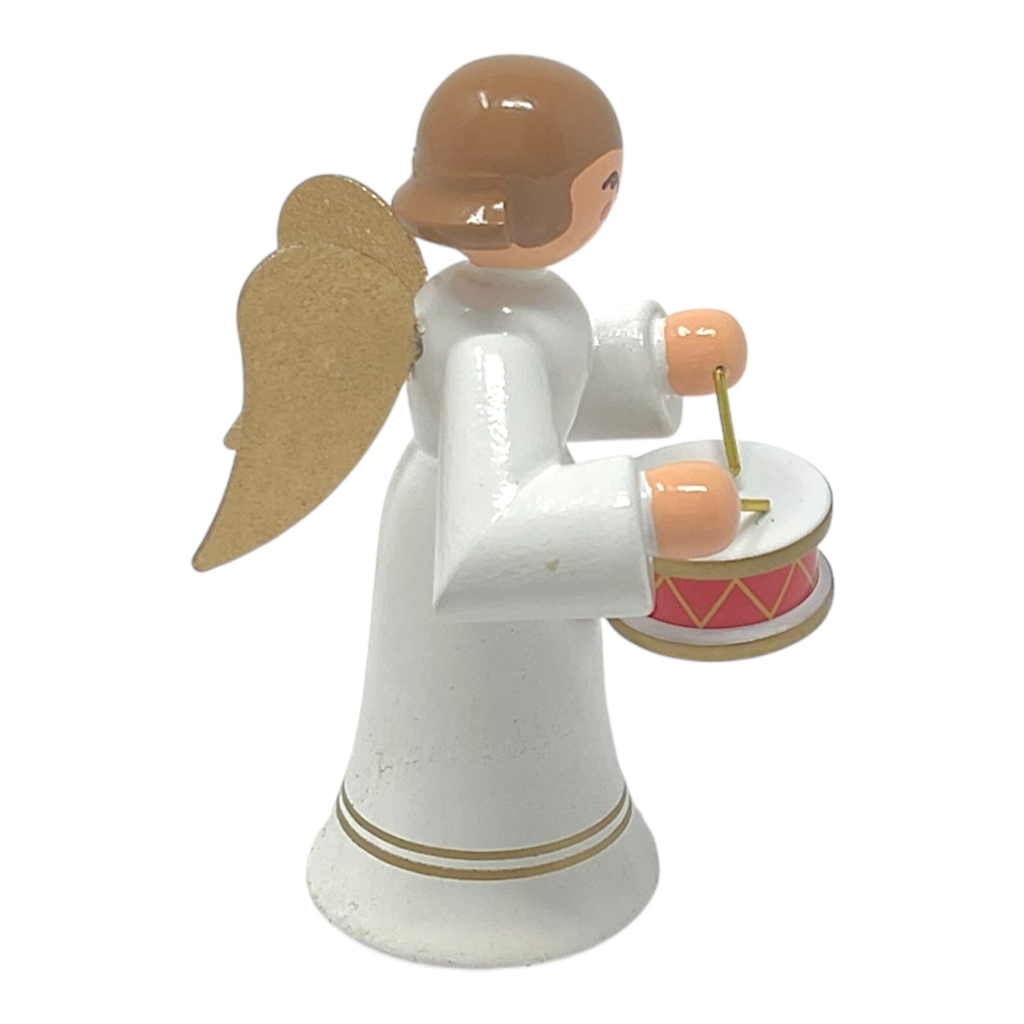 Pinnacle Peak Trading Angel in White with Gold Wings Playing the Drums German Wood Figurine 2.25 inch