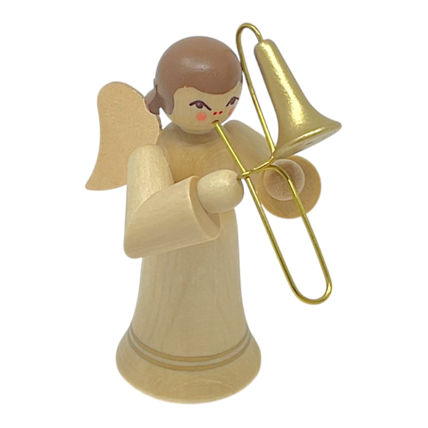 Pinnacle Peak Trading Natural Angel with Gold Wings Playing the Trombone German Wood Figurine 2.25 inch